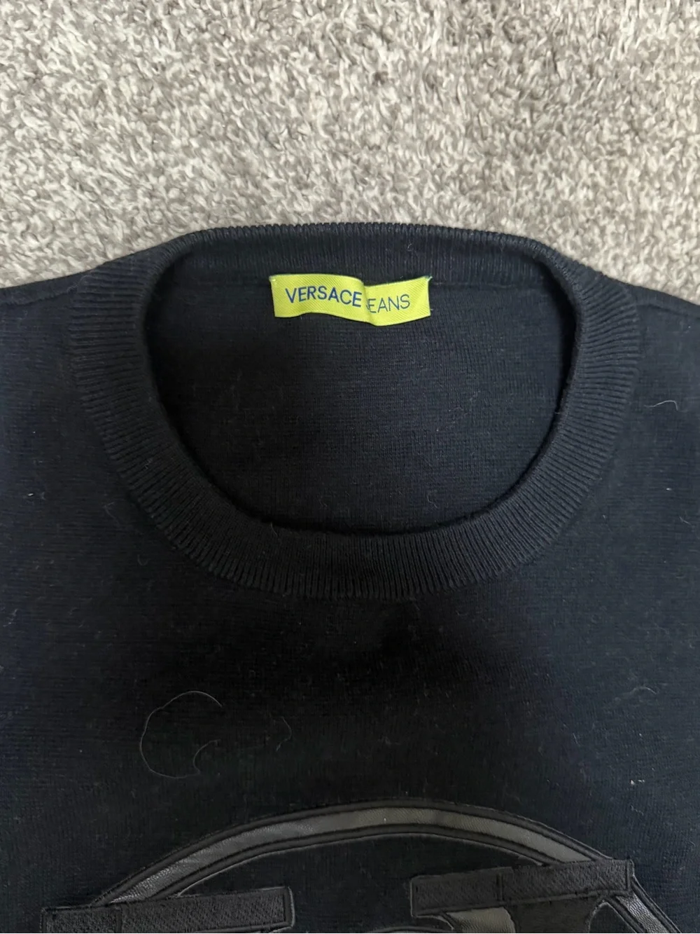 Versace Black Crewneck Sweater with Raised V Medusa Emblem